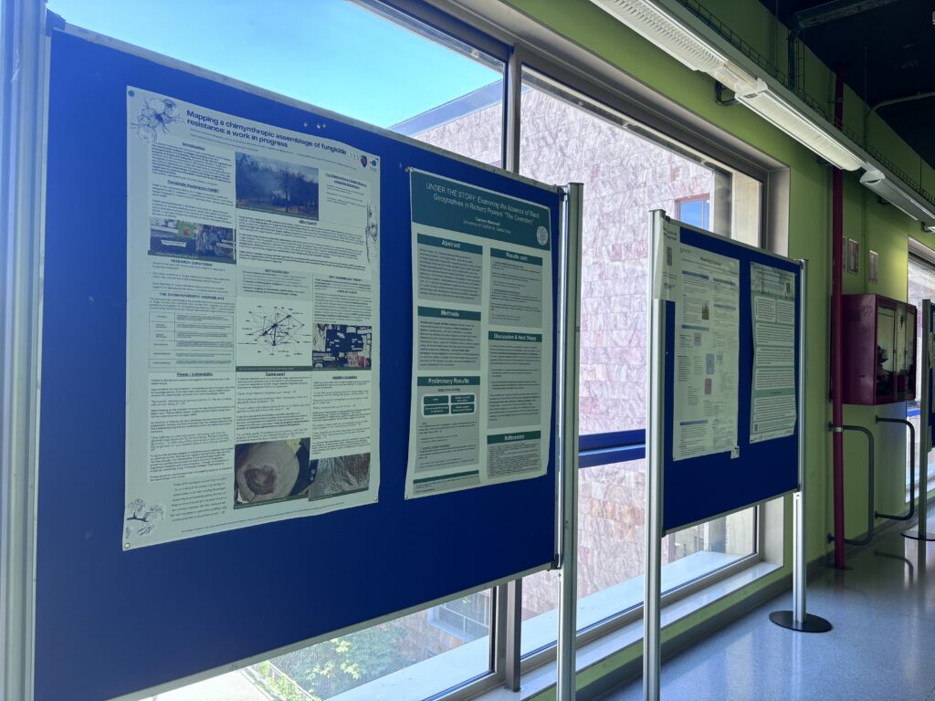 A photo of an academic poster session in a university building. Two large, blue presentation boards stand on metal legs in front of large, light windows, displaying multiple posters.