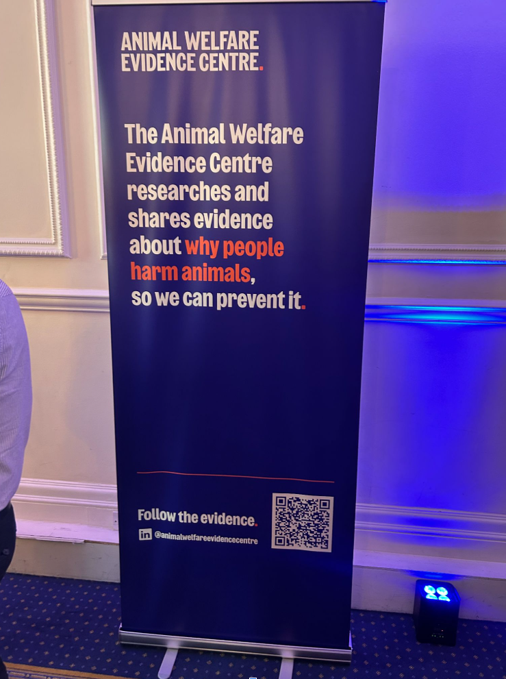 A vertical blue event banner reading: "The Animal Welfare Evidence Centre researches and shares evidence about why people harm animals, so we can prevent it." 
