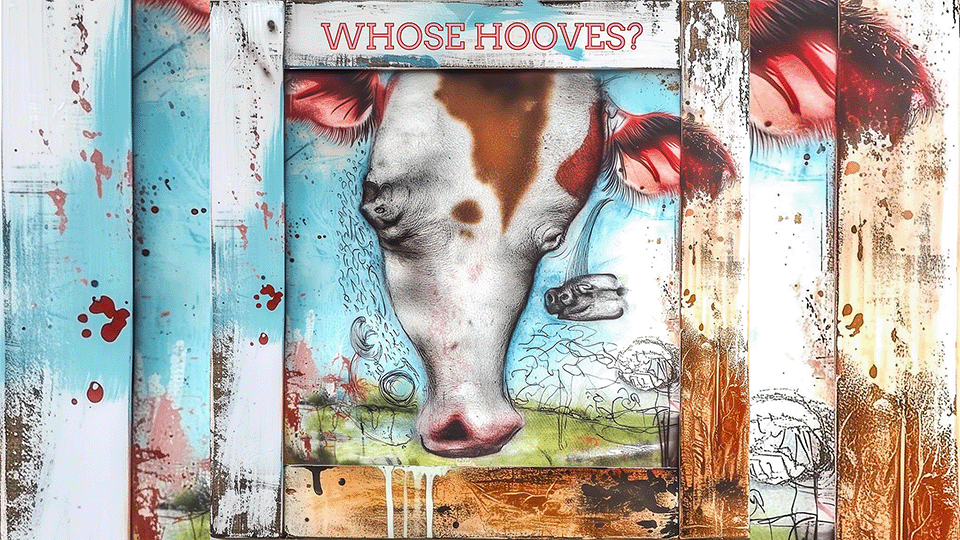 Illustration of a cow’s face surrounded by distressed wooden panels in blue, white and rust-orange tones, with the words “WHOSE HOOVES?” above it. The artwork includes splashes of red, sketched farm animals and landscape details.